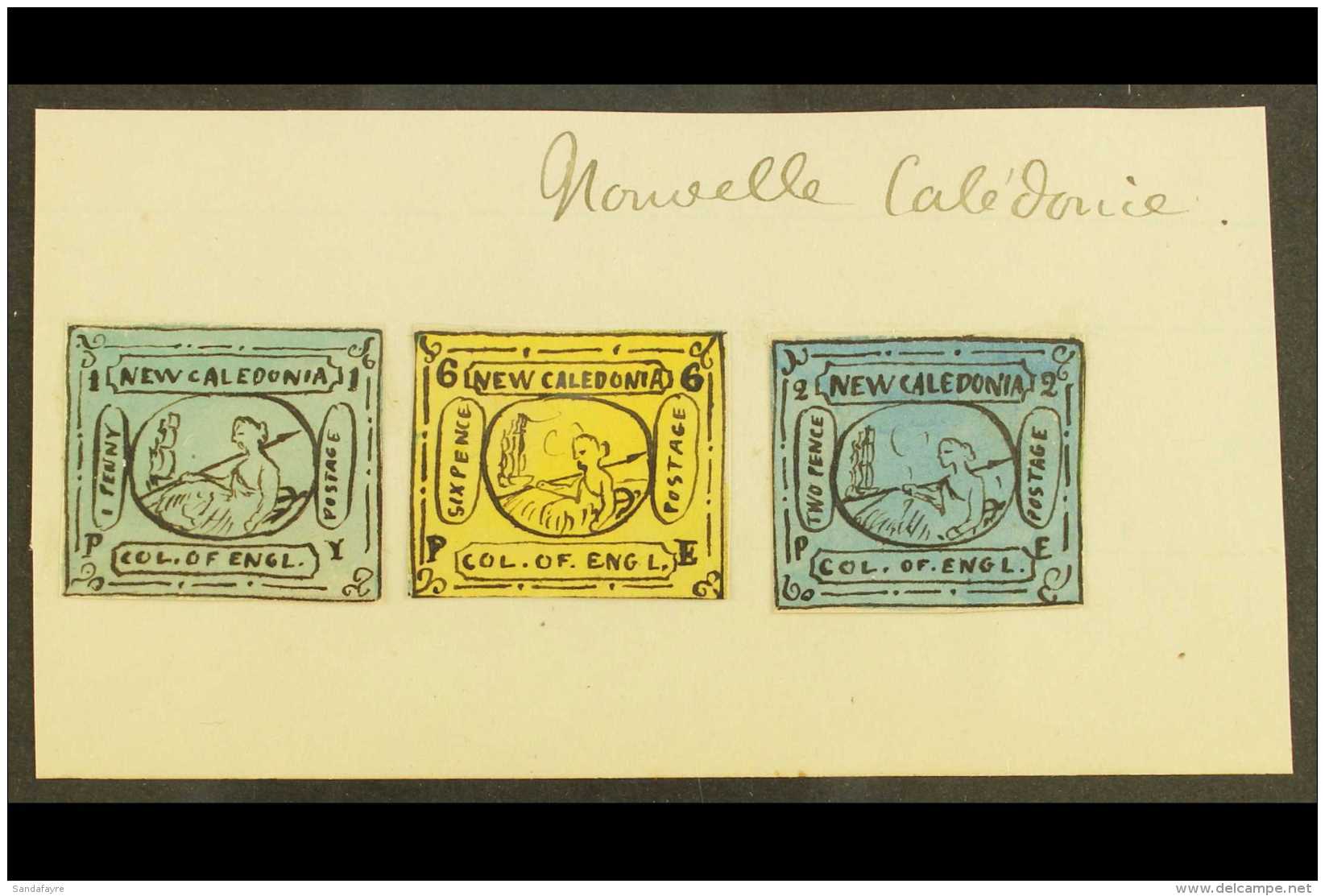 NEW CALEDONIA 1861 Unique Hand Painted Stamp Sized Essays By An Artist From France, Inscribed "NEW CALEDONIA" And... - Autres & Non Classés