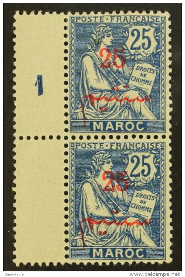 MOROCCO 1911-17 25c On 25c Blue, 2 Dots Instead Of 3, Yvert 32b (Maury 34a), In Very Fine Mint Vertical Pair With... - Andere & Zonder Classificatie