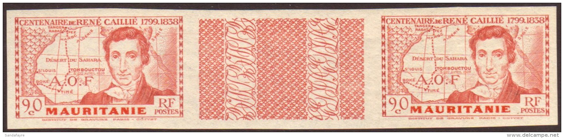 MAURITANIA 1939 90c Dull Red, Caillie Anniversary, Variety "large Inscription", Horizontal Gutter Pair IMPERF,... - Autres & Non Classés