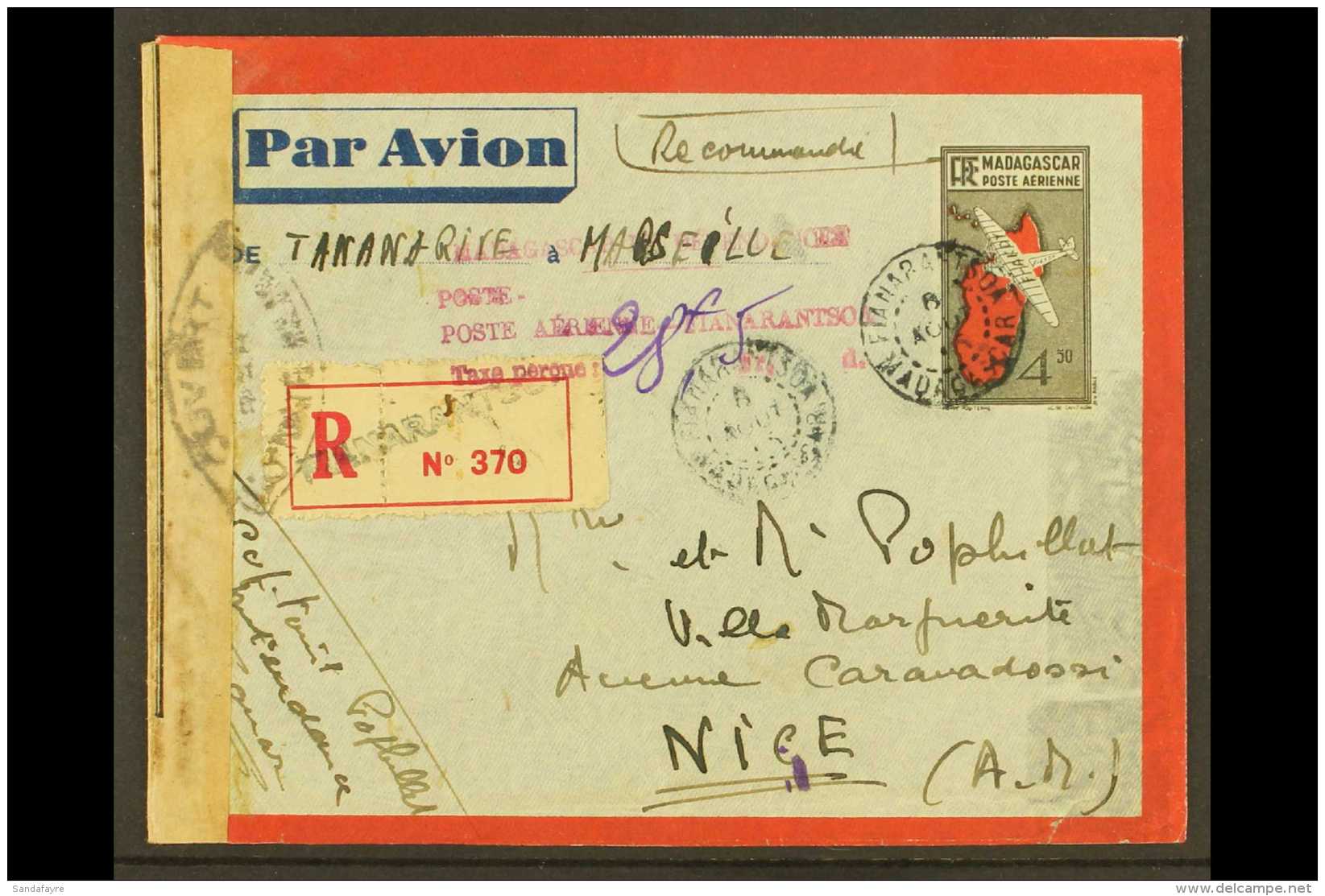 MADAGASCAR 1945 Registered 4.50f CENSOR COVER To Nice, France With Postage Due Cachet. Seldom Seen For More... - Andere & Zonder Classificatie