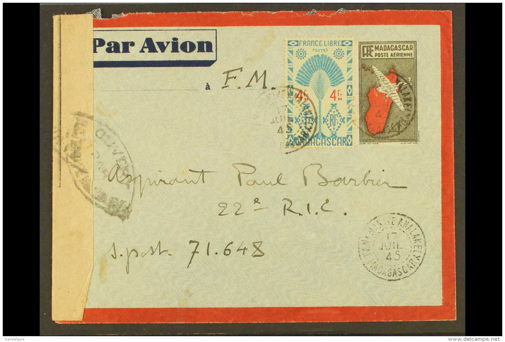 MADAGASCAR 1945 (July 17th) 4.50f Postal Cover, Uprated, Bearing Censor Tape &amp; Addressed To Field Post Office.... - Autres & Non Classés