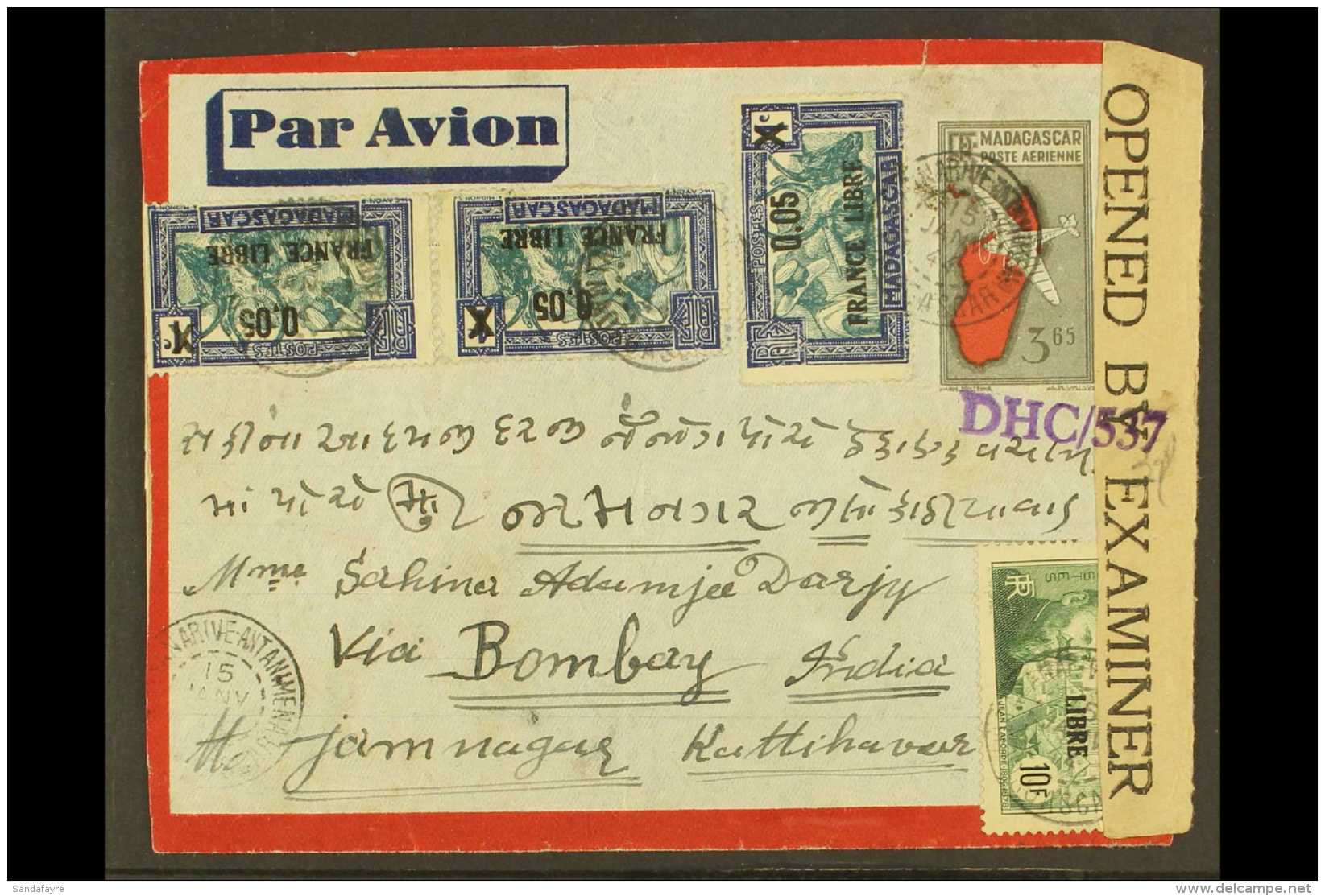 MADAGASCAR 1944 CENSOR COVER. A 3.65f Cover To India Uprated With Seven Stamps With "France Libre" Opts. Lovely... - Autres & Non Classés