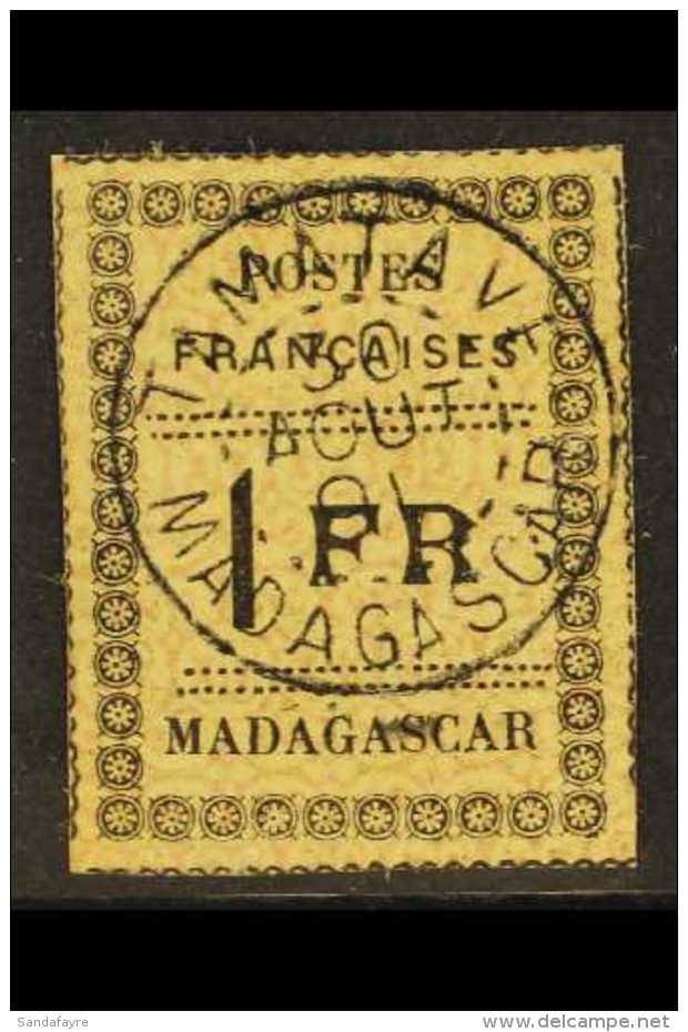 MADAGASCAR 1891 1fr Black On Yellow, Yvert 12, Very Fine Used With Full Strike Of "Tamatave 30 Aout 91" Postmark... - Andere & Zonder Classificatie