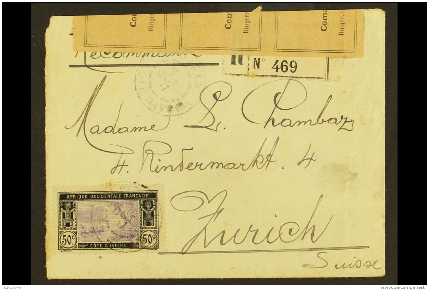 IVORY COAST 1917 (Oct) Registered Cover To Switzerland (with Censor Label) Bearing 50c (Maury 52, Yvert 53).  For... - Andere & Zonder Classificatie