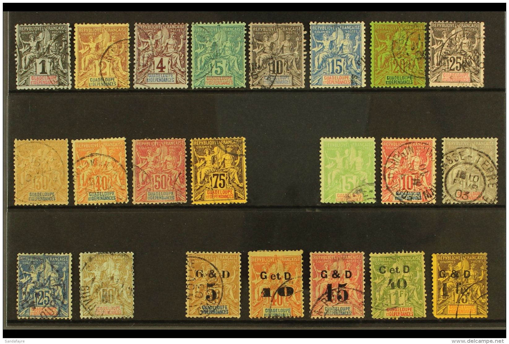 GUADELOUPE 1892-1903 "Peace &amp; Commerce" Used Collection On A Stock Card. Includes 1892 Tablet Set To 75c With... - Autres & Non Classés