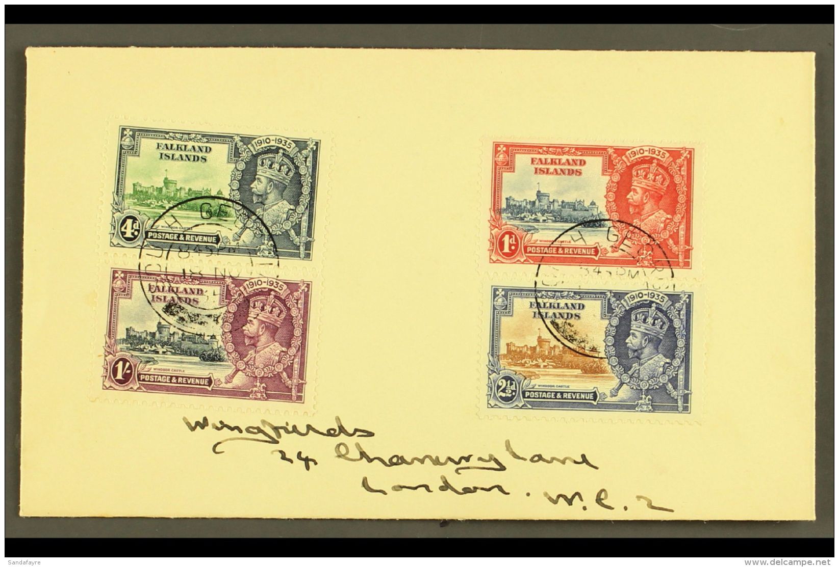 SOUTH GEORGIA 1935 Silver Jubilee Of Falkland Islands Complete Set, SG 139/142, On Cover To London Tied By "SOUTH... - Falkland