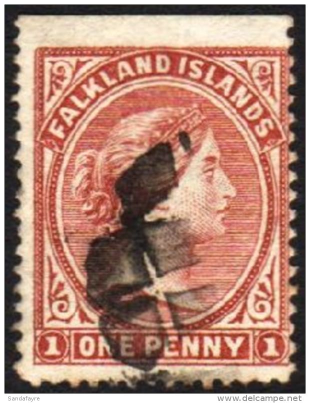 1885-91 1d Brownish Claret, Watermark Sideways Reversed SG 8x, Upper Marginal Example With Neat Segmented Cork... - Falklandeilanden