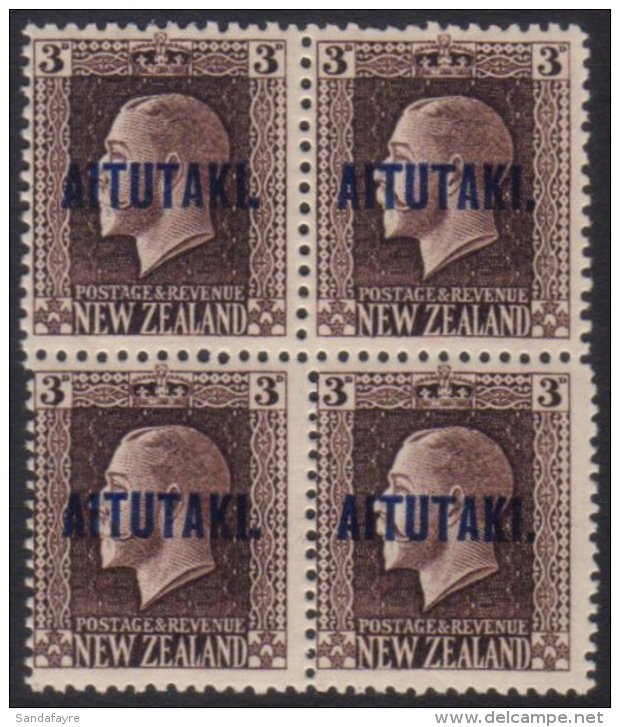 AITUTAKI 1918 3d Chocolate Mixed Perf (SG 16b) Never Hinged Mint BLOCK OF FOUR. For More Images, Please Visit... - Cookeilanden