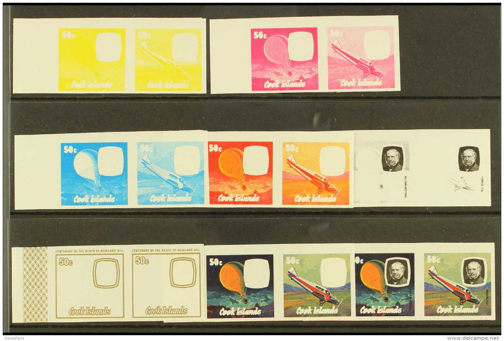 1979 PROGRESSIVE PLATE PROOFS 50c ROWLAND HILL CENTURY "Le Neptune", SG 641, Scott 522, Eight Imperf Progressive... - Cookeilanden