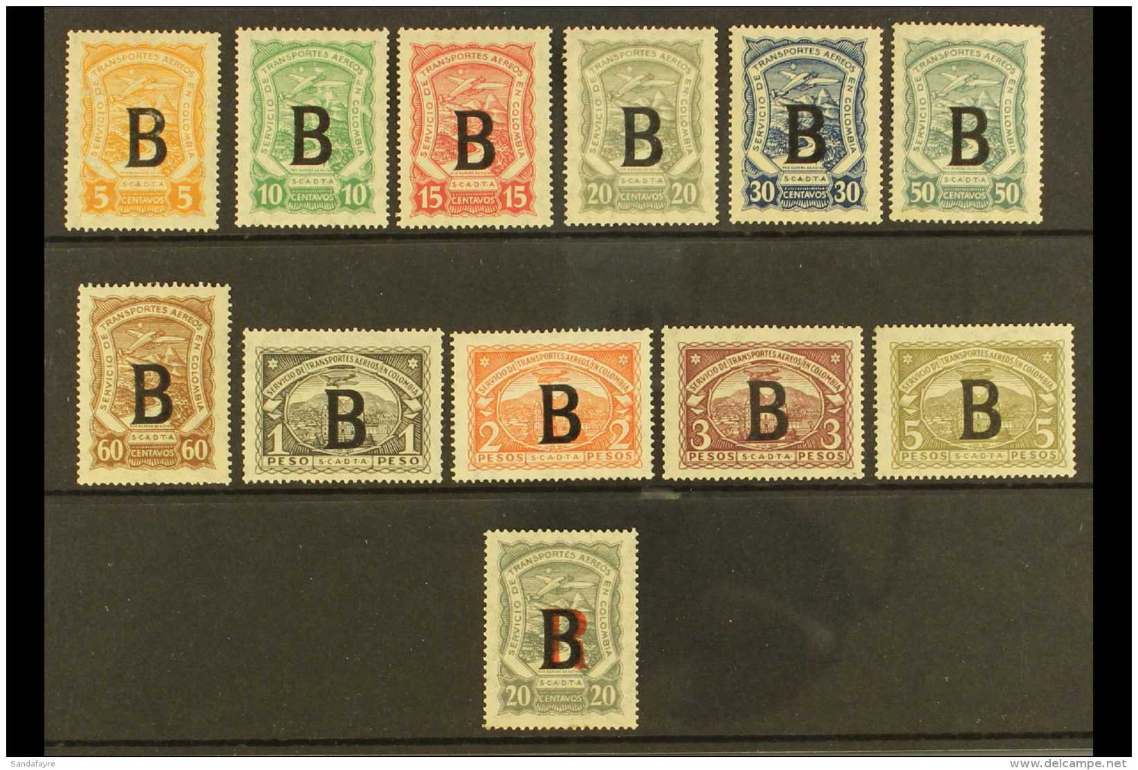 SCADTA BELGIUM 1923 Complete Set With "B" Consular Overprints Inc 20c Registration Stamp With "R" 10mm High ... - Colombie