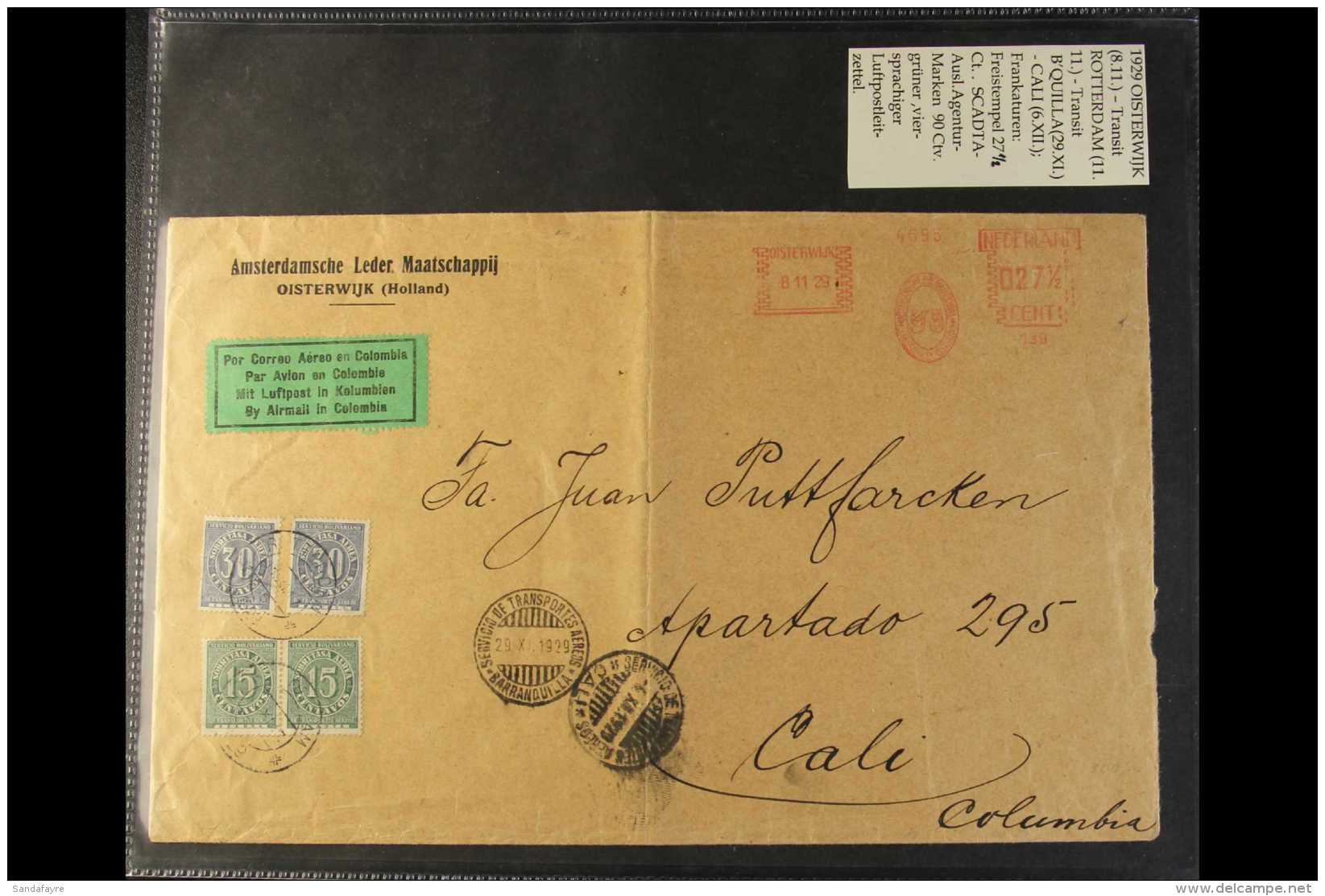 SCADTA 1929 (8 Nov) Large Cover From Netherlands Addressed To Cali, Bearing Netherlands Meter Mail Impression And... - Colombie