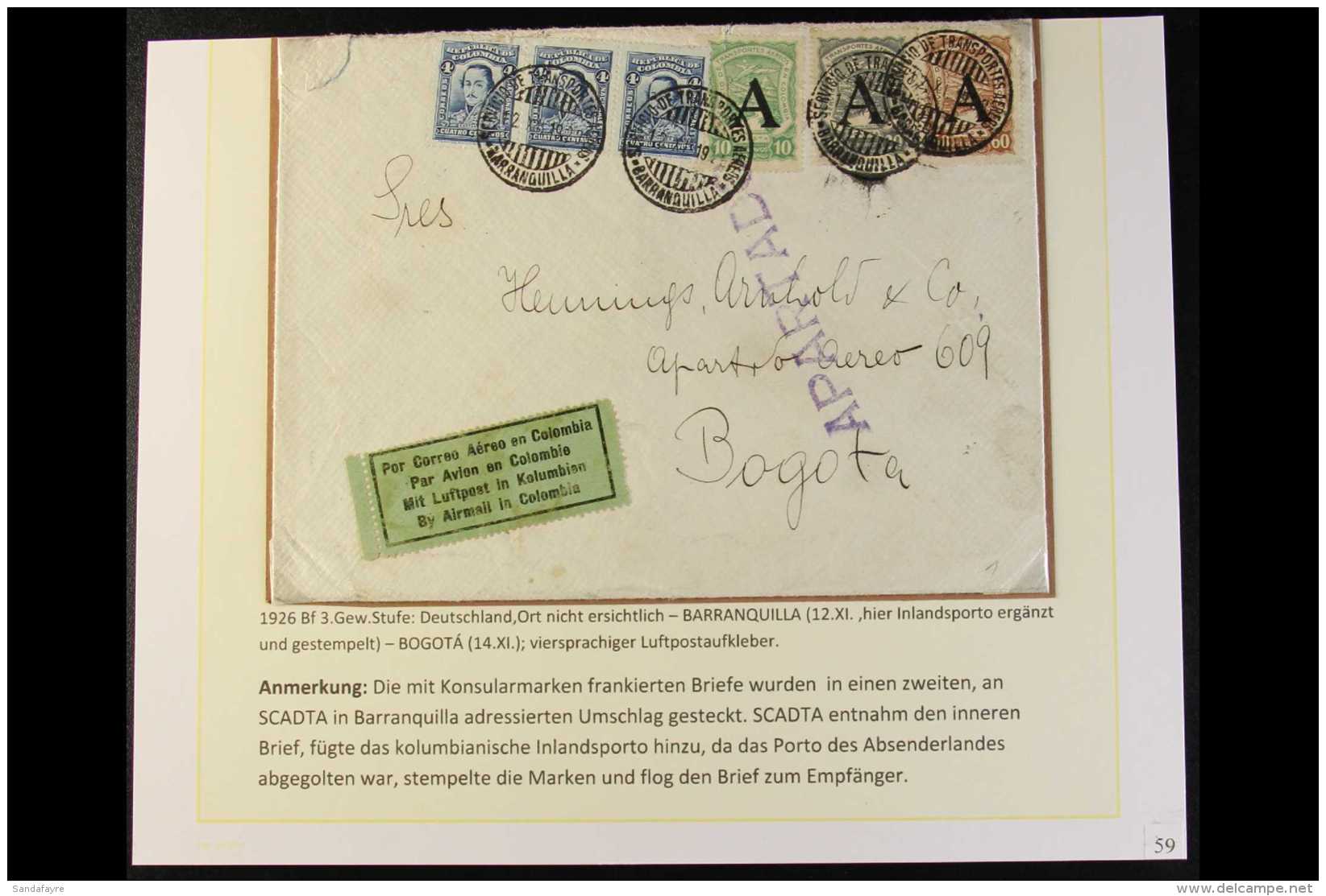 SCADTA 1928 (Nov) Cover Addressed To Bogota, Bearing Colombia 4c Strip Of 3 And SCADTA 1923 10c, 20c &amp; 60c All... - Colombia