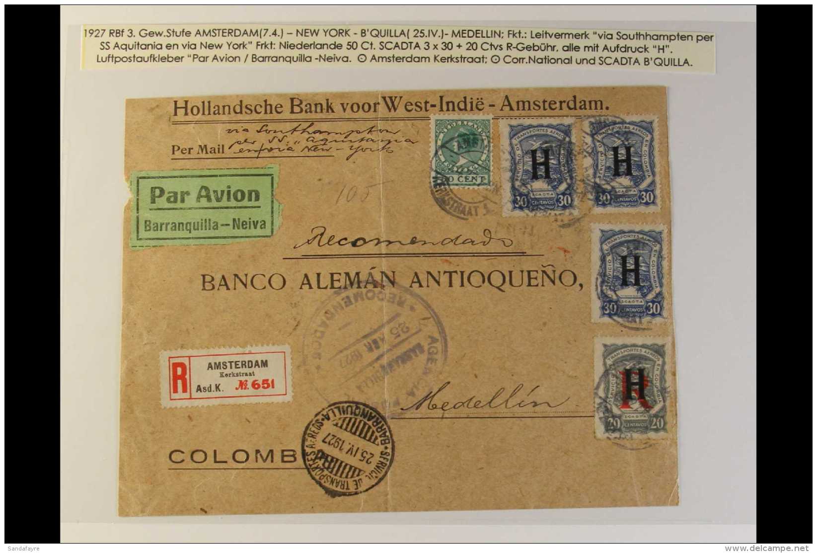 SCADTA 1927 (7 Apr) Registered Cover Front From Netherlands Addressed To Medellin, Bearing Netherlands 50c 3c And... - Colombia