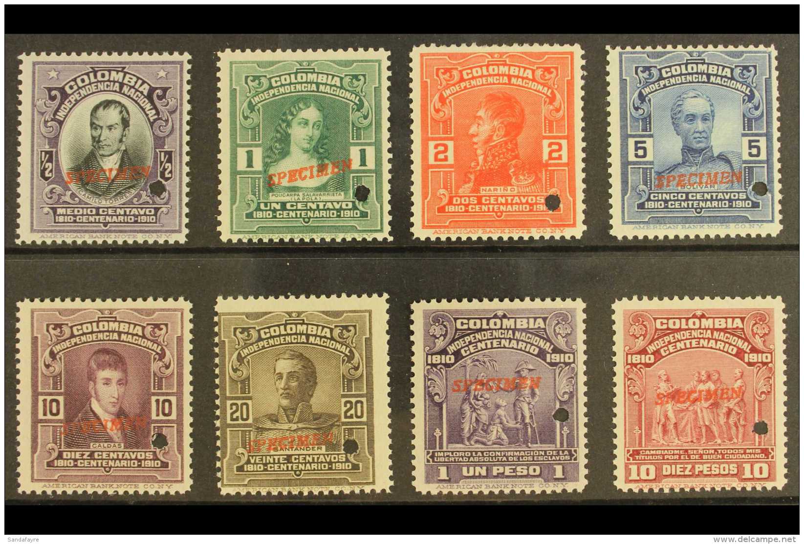 1910 Centenary Of Independence Complete Set With "SPECIMEN" Overprints (SG 345/52, Scott 331/38), Fine Never... - Colombie