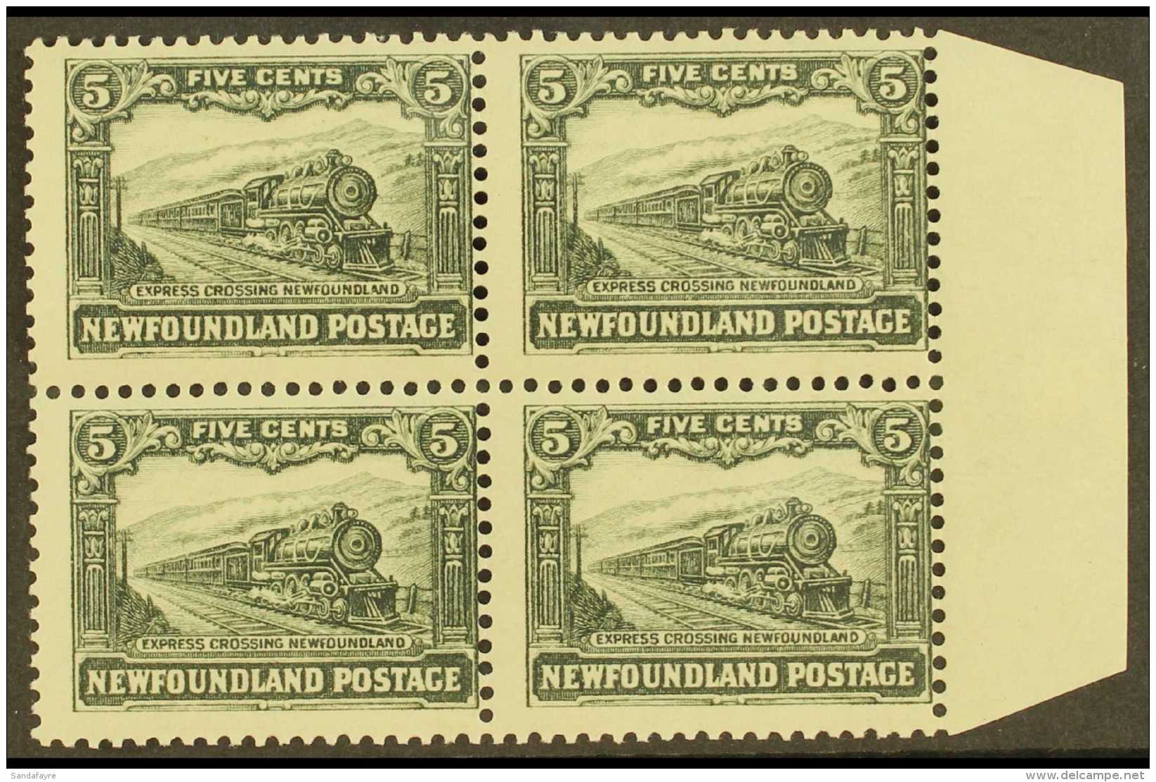 1928 5c Slate Grey, Line Perf 14-13&frac12;, Express Train, SG 168a, Superb Marginal NHM Block Of 4. For More... - Andere & Zonder Classificatie