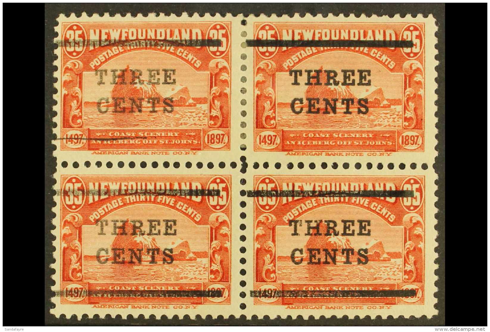 1920 3c On 35c Red Mint Block Of 4, Variety "Lower Bar Omitted", SG 147b, Together With A Partially Omitted Bar In... - Other & Unclassified