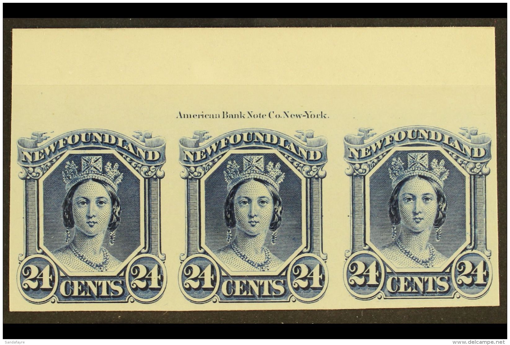 1865 24c Blue Plate Proof On Card, Imprint Strip Of 3, Uni 31Pi, Very Fine And Fresh. For More Images, Please... - Autres & Non Classés