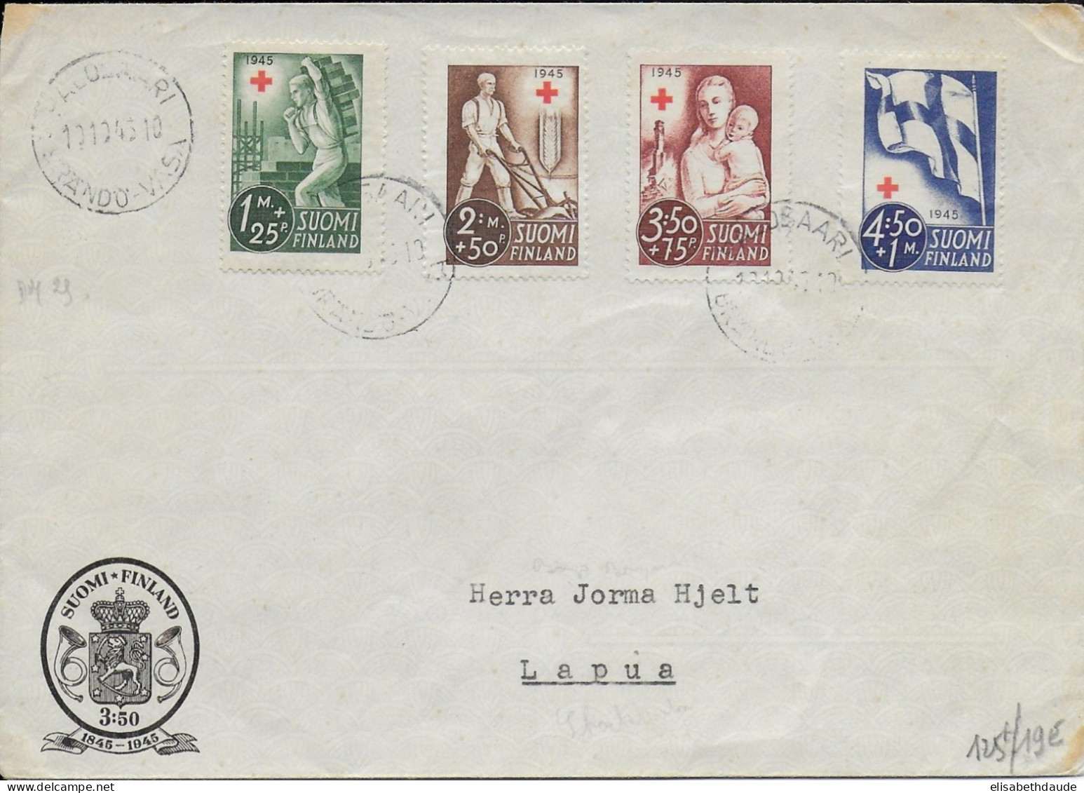 FINLANDE - 1945 - SERIE CROIX-ROUGE COMPLETE Sur ENVELOPPE => LAPUA - Storia Postale