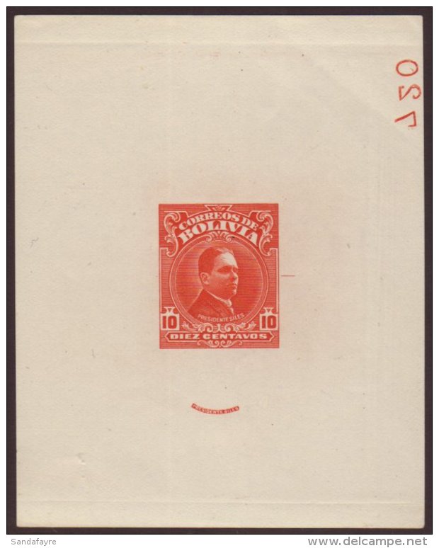 1928 IMPERF DIE PROOF For The 10c Hernando Silles Issue (Scott 190) Printed In Vermilion On Thin Ungummed Paper,... - Bolivie