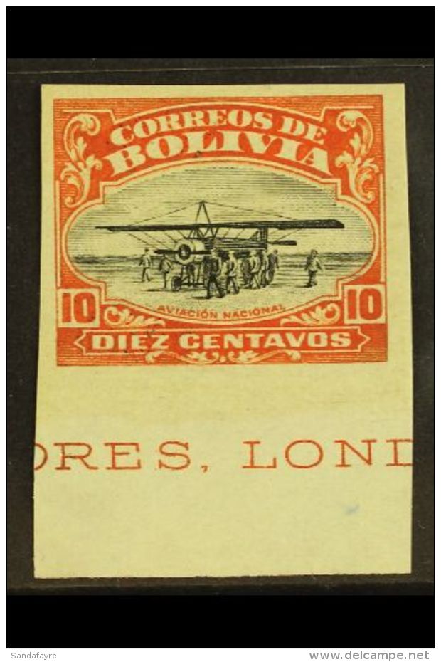 1924 10c Vermilion &amp; Black Air Aviation School IMPERF Variety Sanabria 11 (as Scott C1, SG 170), Very Fine... - Bolivie