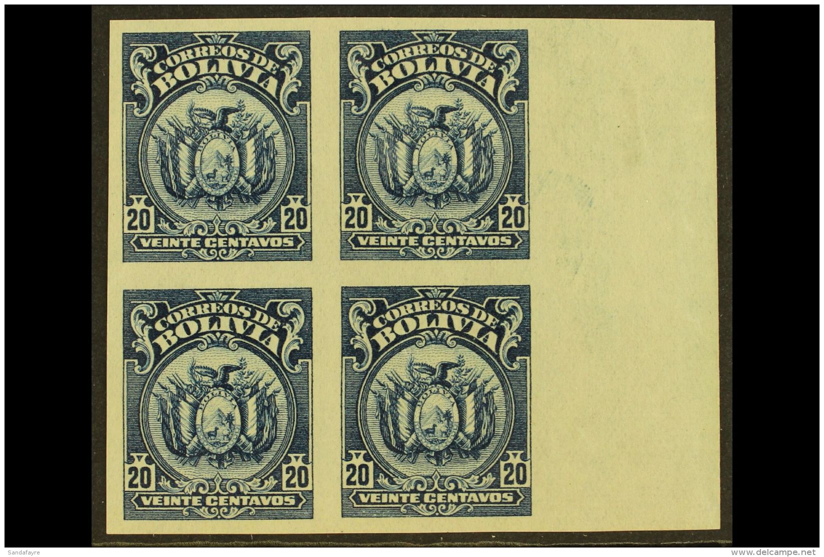 1923-7 20c Slate-blue, Coat Of Arms, IMPERFORATE BLOCK OF 4, Scott 132, Fine Unused. For More Images, Please Visit... - Bolivië