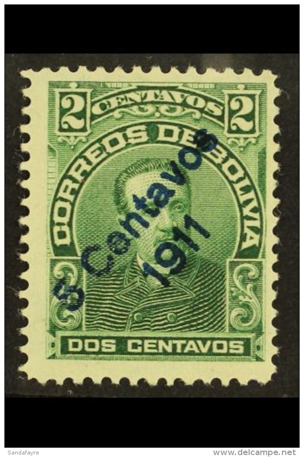 1911 5c On 2c Green SURCHARGE IN BLUE Variety (Scott 95d, SG 127c), Fine Mint, Expertized A.Roig, Very Fresh. For... - Bolivie