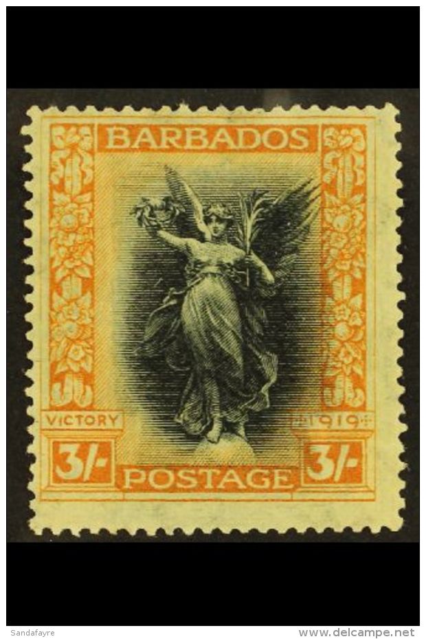 1920-21 3s Black And Dull Orange Victory With WATERMARK SIDEWAYS INVERTED AND REVERSED, SG 211y, Mint Lightly... - Barbados (...-1966)