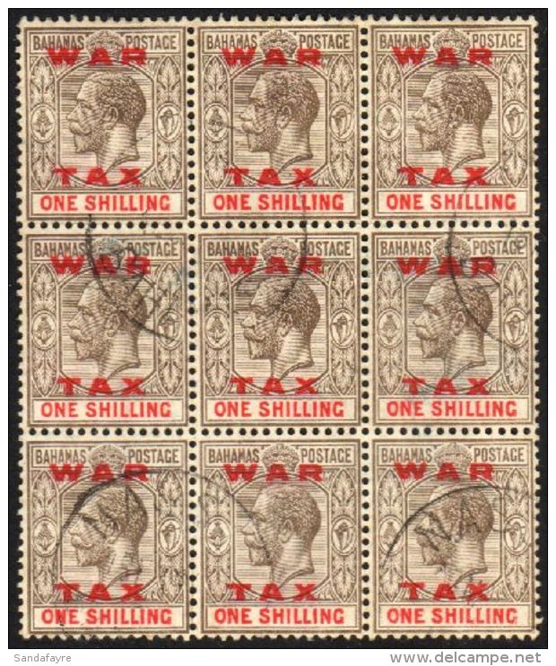 1919 1s Grey-black And Carmine Opt'd "WAR TAX", SG 104, Very Fine Cds Used BLOCK OF NINE. A Scarce Multiple Of... - Andere & Zonder Classificatie