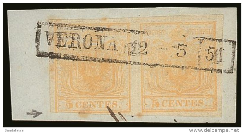 LOMBARDY VENETIA 1850 5c Yellow (first Printing) Mi 1Xc, Pair (one Just Cut Into At Foot), Tied To Piece By Full... - Autres & Non Classés