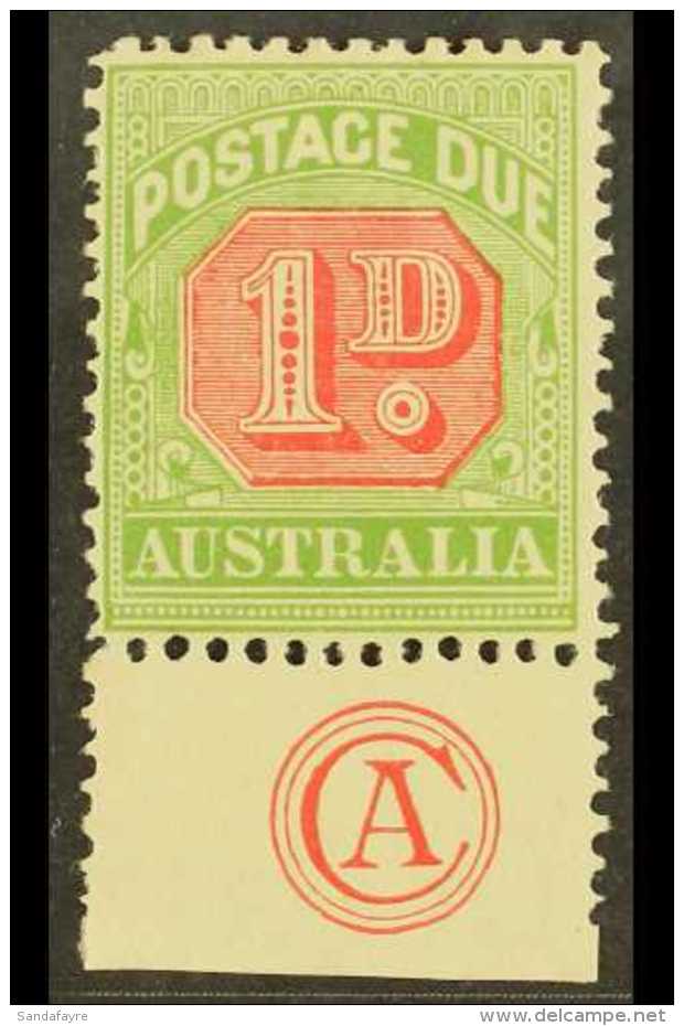 POSTAGE DUES 1909 1d Rosine And Yellow Green, Die 1, SG D64, Superb Marginal Mint With JB Cooke Monogram. Scarce... - Andere & Zonder Classificatie