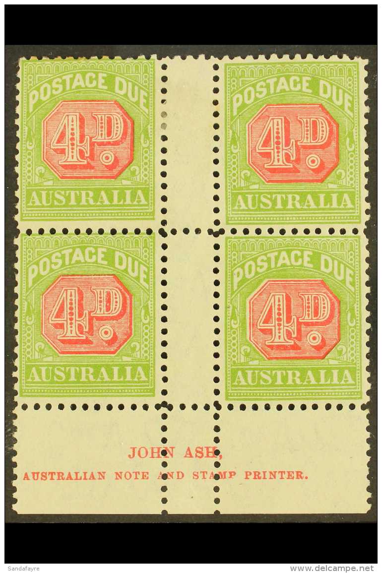 POSTAGE DUE 1931-36 4d Carmine And Yellow-green, Perf 11, SG D109, JOHN ASH Imprint Block Of Four, Mint (4 Stamps)... - Andere & Zonder Classificatie