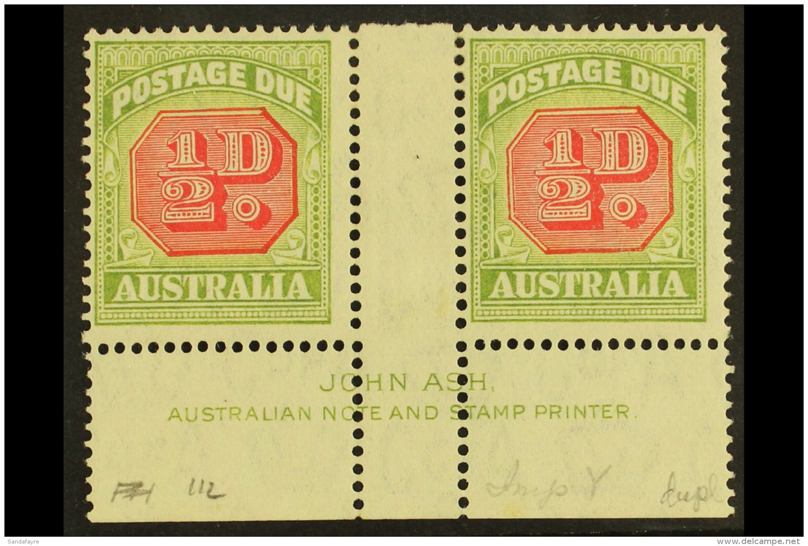POSTAGE DUE 1938 &frac12;d Carmine And Green, SG D112, JOHN ASH Gutter Imprint Pair, Fine Mint. (2 Stamps) For... - Andere & Zonder Classificatie