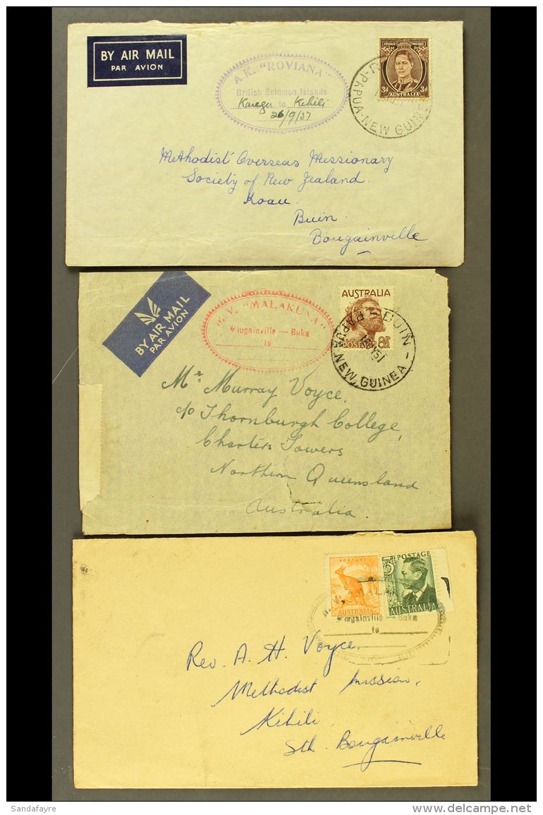 PAPUA NEW GUINEA MARITIME COVERS. 1951-1957 Three Covers Bearing Various Australia KGVI Issues, Oval Violet "A.K.... - Andere & Zonder Classificatie