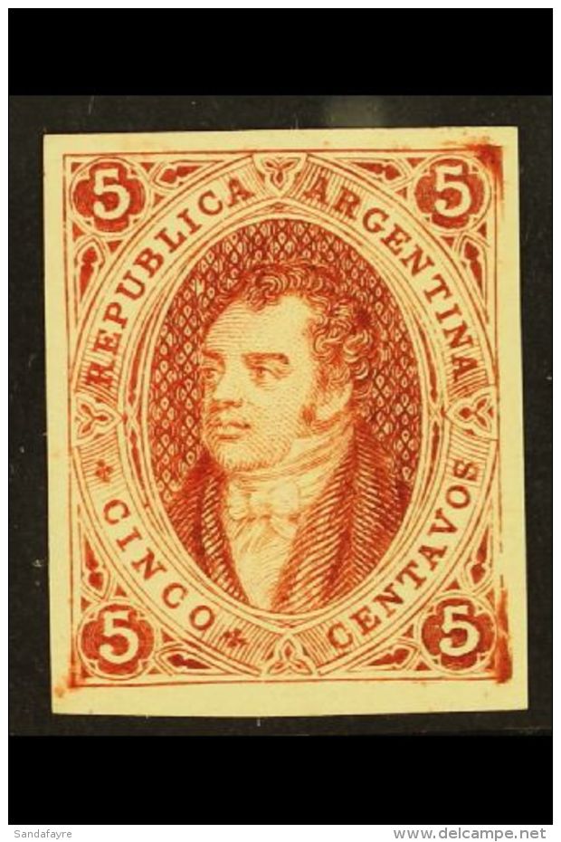 1864 IMPERF PLATE PROOF For The 5c Rivadavia Issue (Scott 8, SG 13) Printed In Brown-rose On Ungummed... - Other & Unclassified