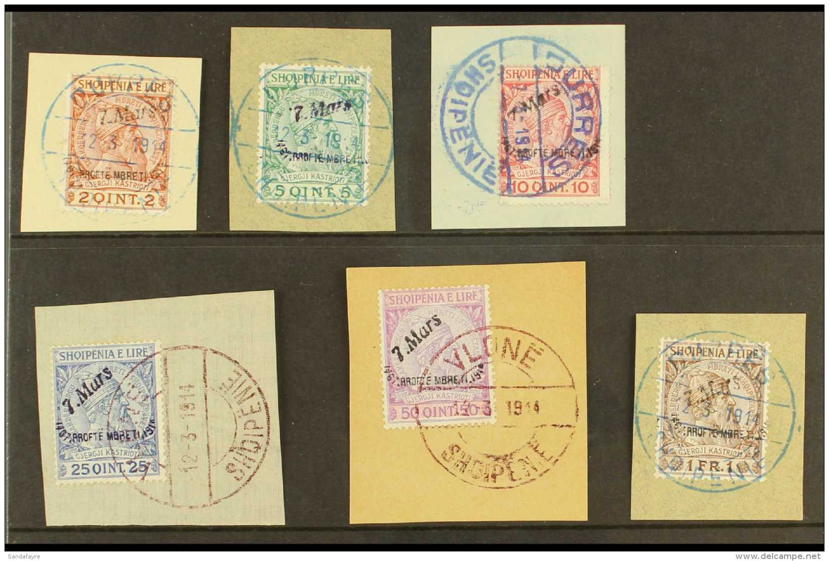 1914 "ON PIECE" SET Arrival Of Prince Handstamps Complete Set (SG 33/38, Michel 35/40), Very Fine Used On Pieces... - Albanië