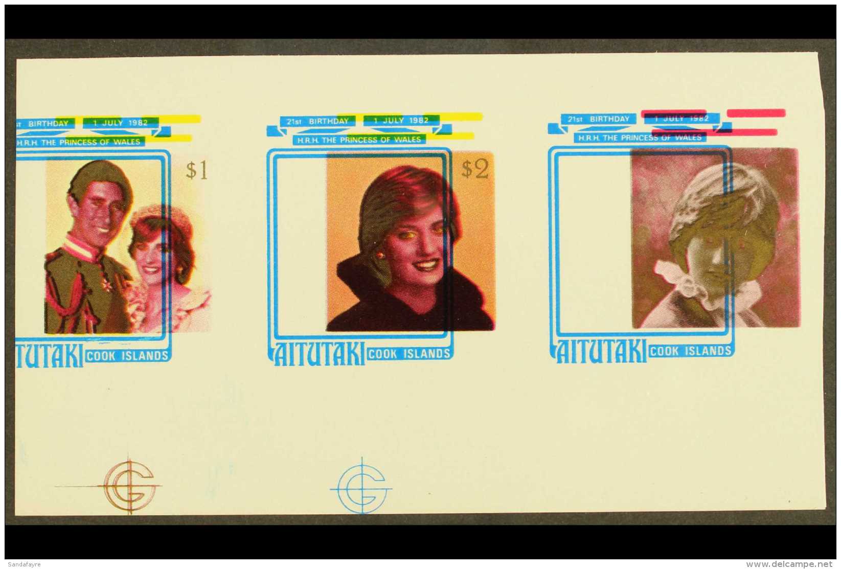 1982 IMPERF PLATE PROOFS 21st Birthday Of Diana Princes Of Wales, SG 411/413, Scott 262/64, Collective Single Dies... - Aitutaki