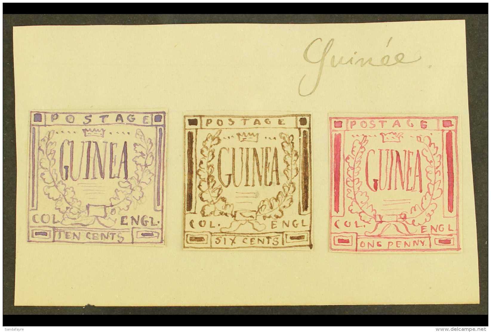 ENGLISH GUINEA ? A Group Of Three 1861 Hand Painted Stamp Sized Essays Produced In France And Inscribed "GUINEA"... - Altri & Non Classificati