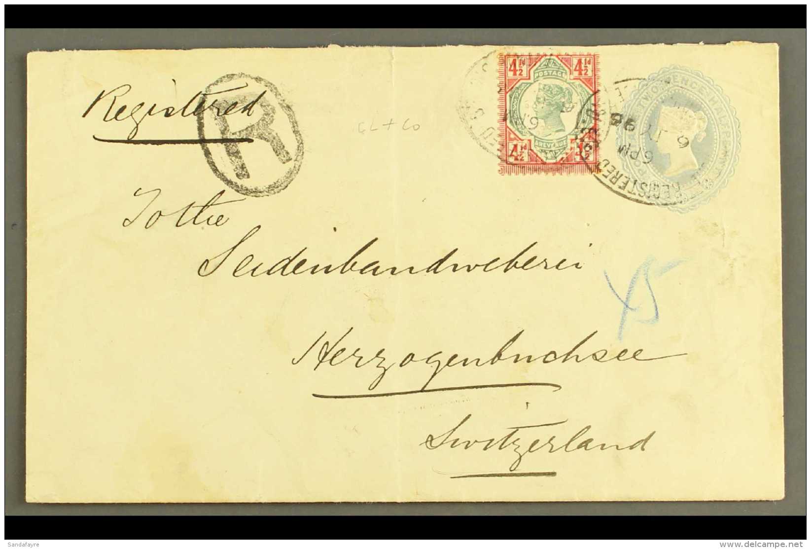 1896 (6 JUL) PERFIN COVER A 2&frac12;d Privately Printed Stationery Envelope Registered To Switzerland And Uprated... - Autres & Non Classés