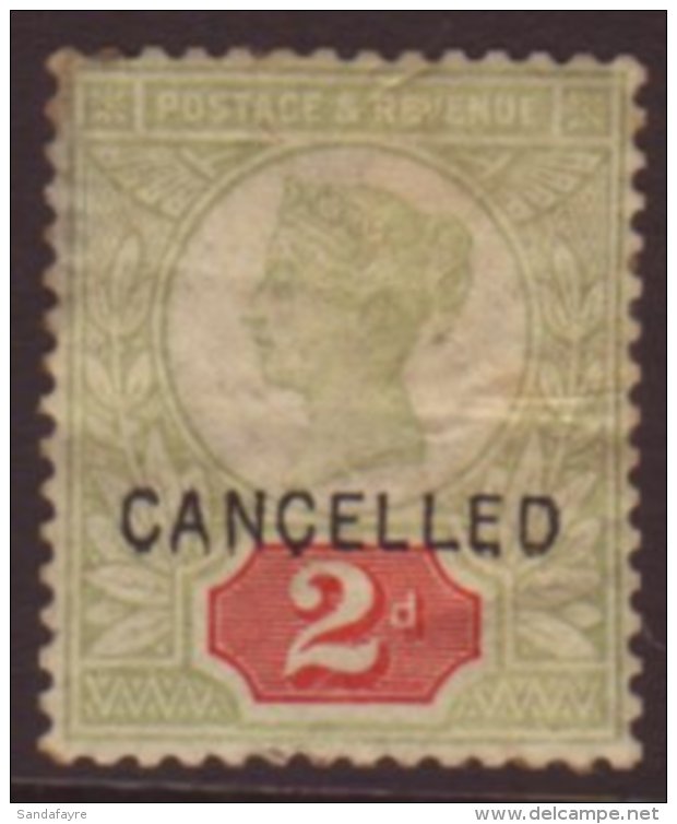 1887 Jubilee 2d Grey-green And Carmine Overprinted "CANCELLED", SG Spec K30t, Mint. Faults Including Faded Colour... - Autres & Non Classés