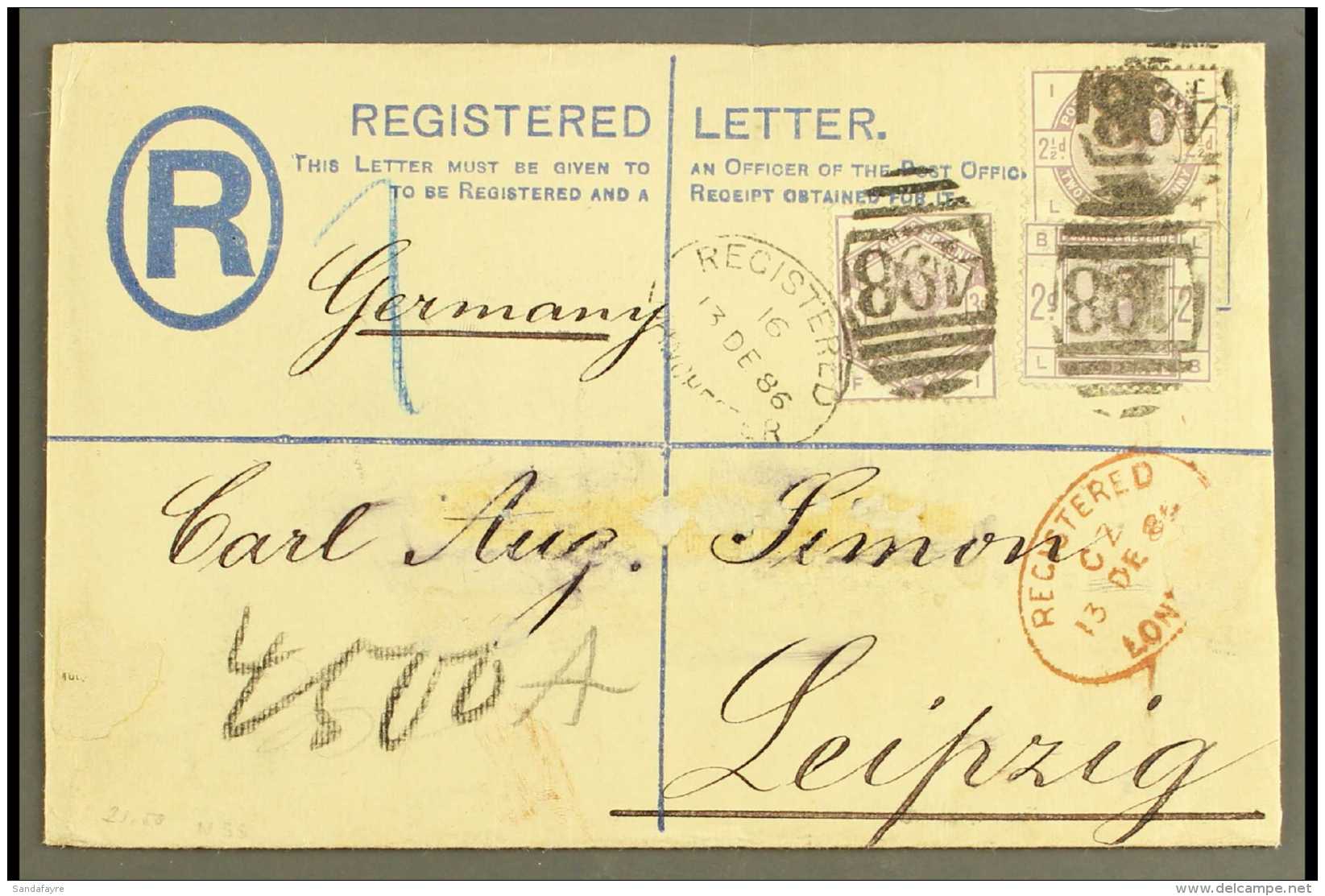 1886 (13 DEC) REGISTERED ENVELOPE TO LEIPZIG A 2d Blue Registered Envelope, Size G, Uprated With 1883-84 2d,... - Autres & Non Classés