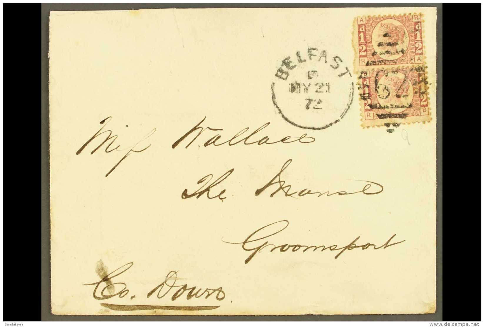 1872 (21 May) Env To Groomsport, Co. Down Bearing TWO Examples Of The 1870 &frac12;d Rose PLATE 9 (SG 49) Tied By... - Autres & Non Classés