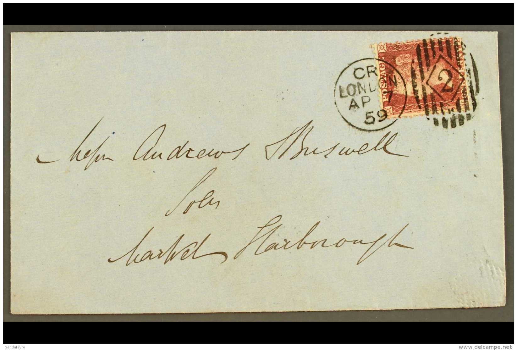 1859 CHARLES RIDEOUT MACHINE CANCEL (April) Envelope To Market Harborough, With 1d Red Tied Fine Code CR Machine 2... - Andere & Zonder Classificatie