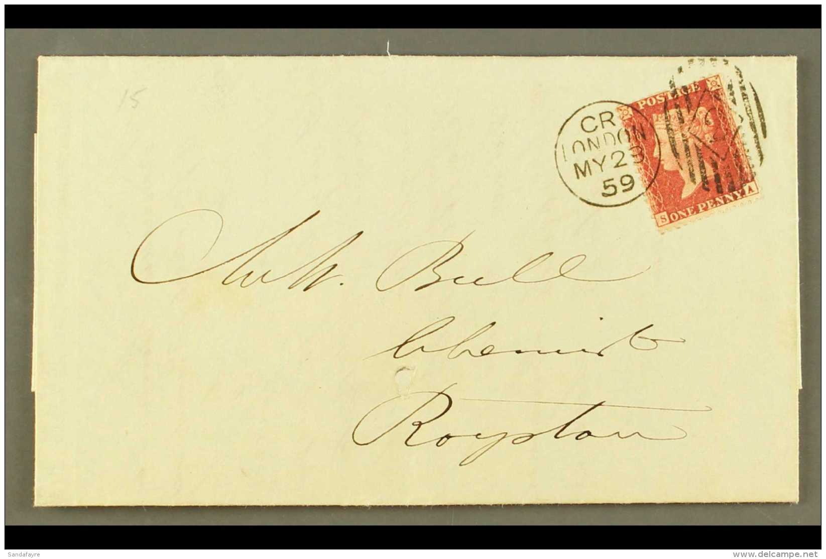 1859 CHARLES RIDEOUT MACHINE CANCEL (May) Neat Entire To Royston, With 1d Red Tied Fine  Code CR Machine 2 Cancel.... - Andere & Zonder Classificatie