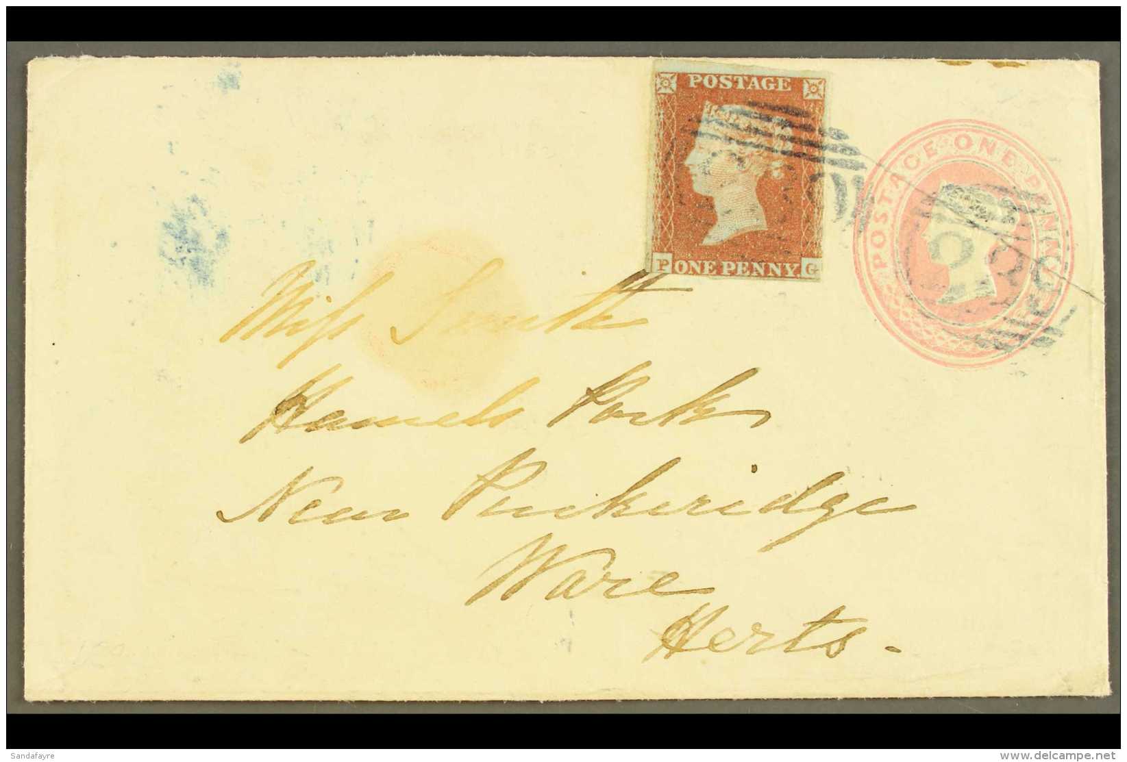 1852 (17 Apr) 1d Postal Stationery Envelope From Dawlish To Ware, Uprated With 1d Red Imperf, Tied By "239"... - Andere & Zonder Classificatie