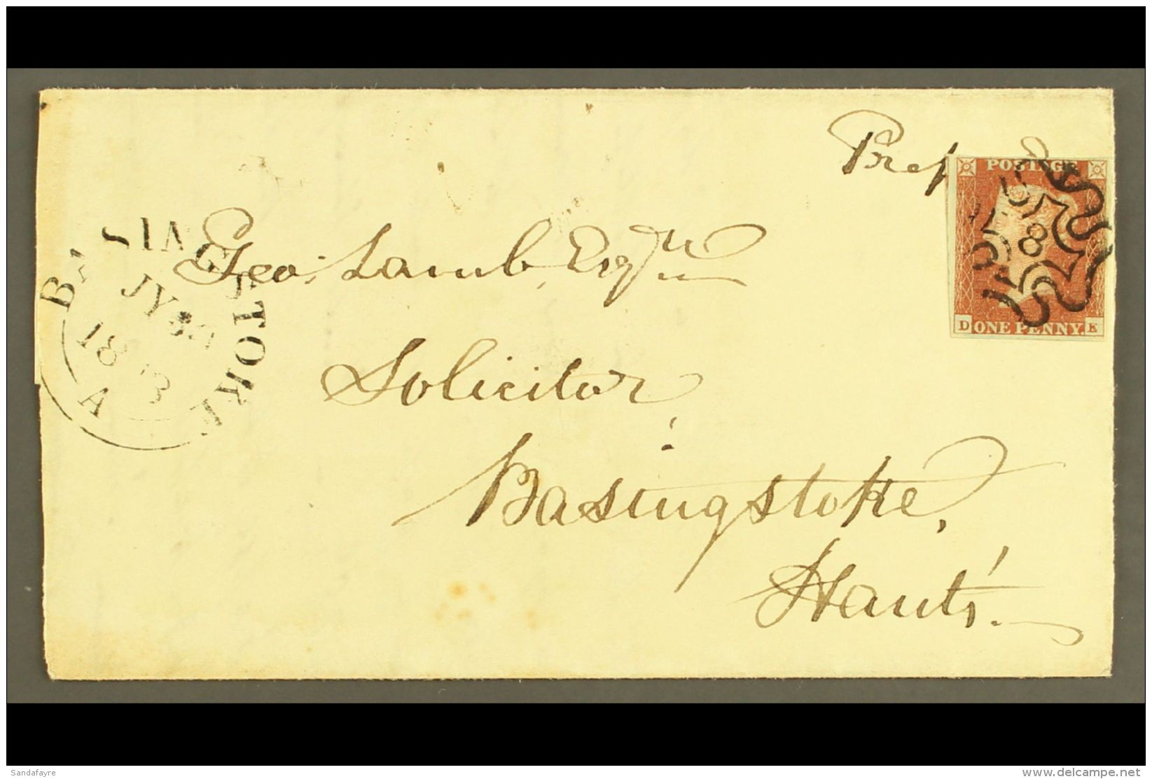 1843 (29 July) EL To Basingstoke Bearing 1d Red- Brown With 4 Margins Tied By Very Fine NUMBER "8" IN MALTESE... - Autres & Non Classés