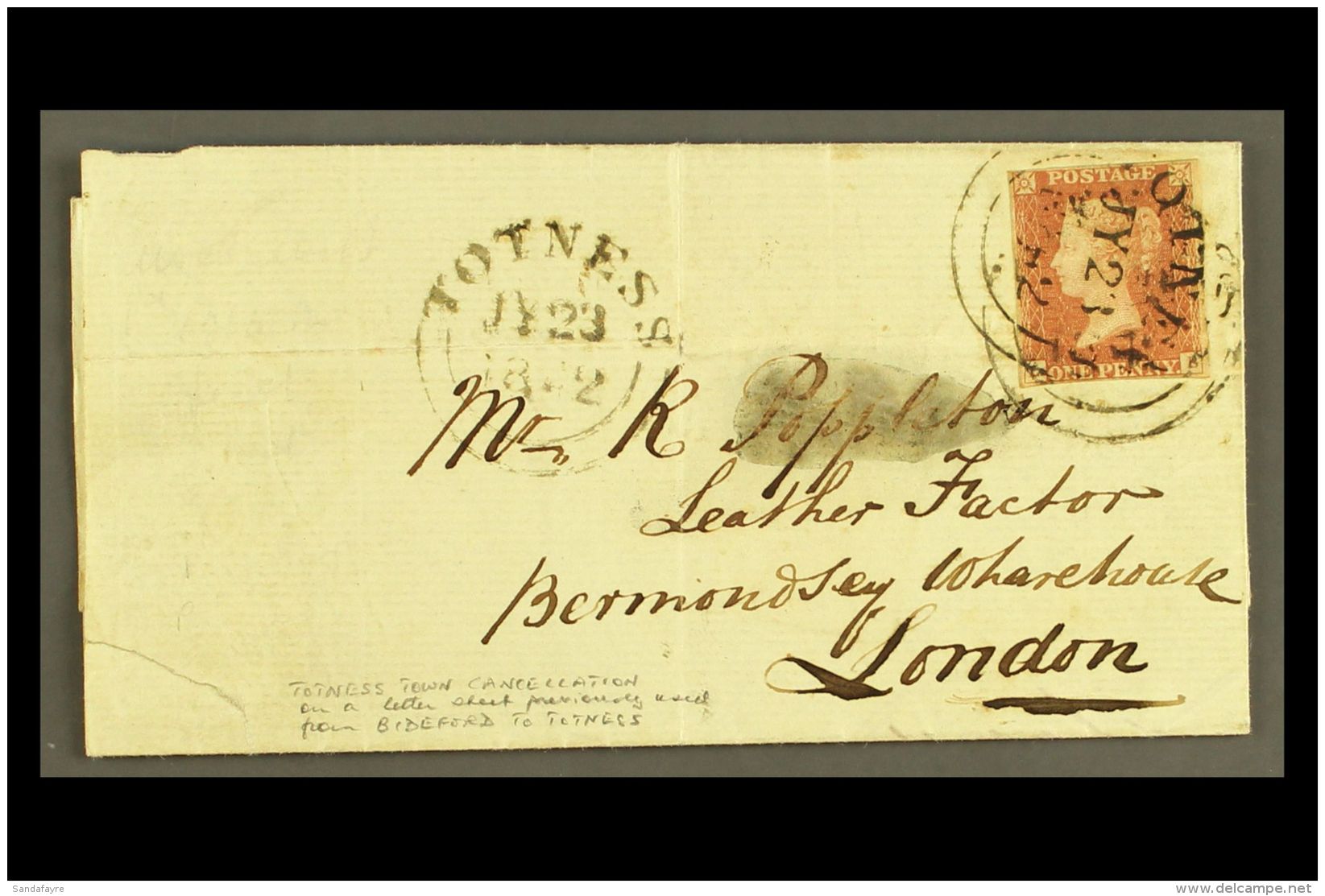 1842 (23 Jly) EL From Totnes To London Bearing 1d Red-brown 'LB' From Plate 22 With 4 Margins Tied By 2 Strikes Of... - Andere & Zonder Classificatie