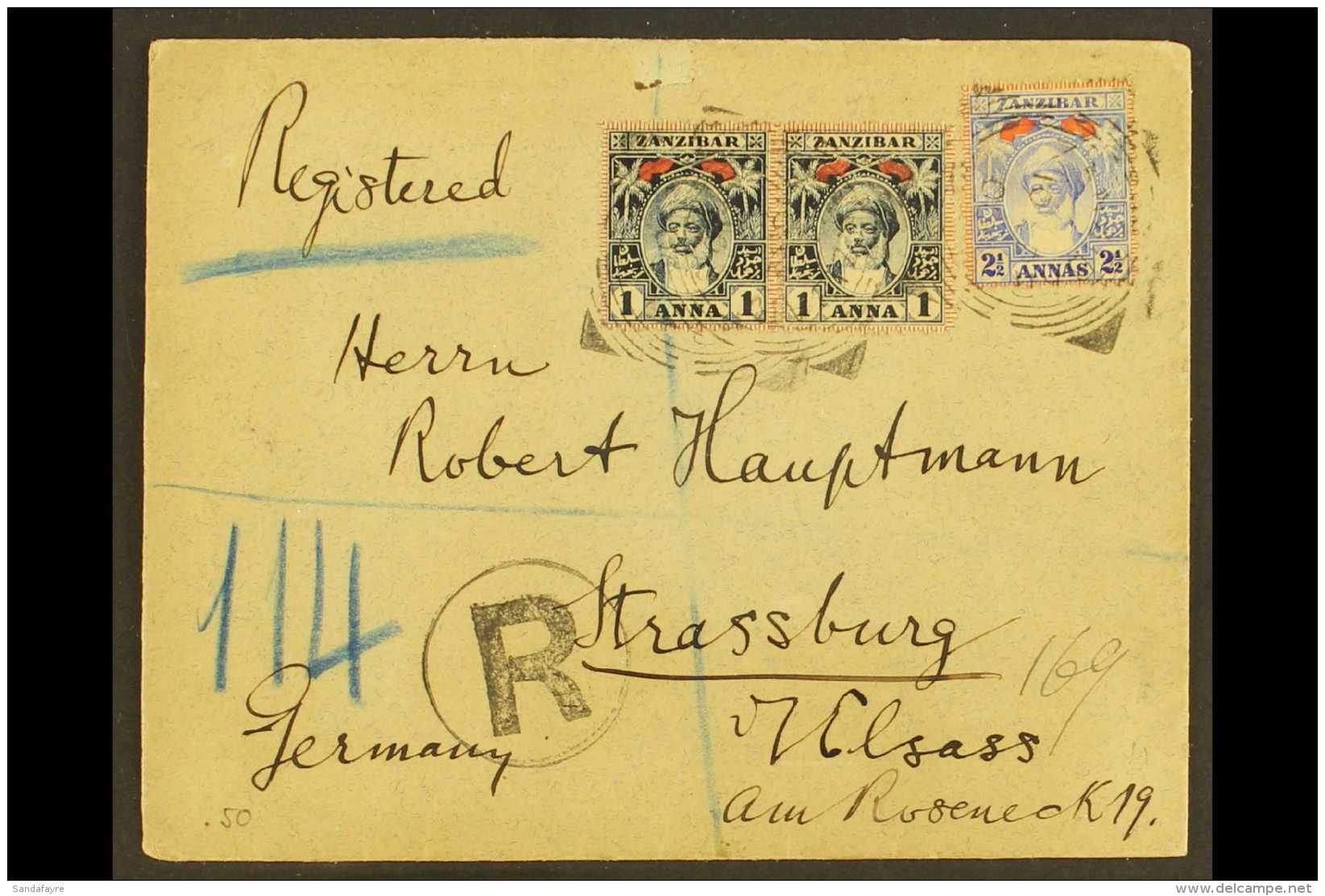 1900 (10th April) Registered Envelope To Germany Bearing 1899-1901 1a Pair (SG 1890 &amp; 2&frac12;a (SG 192) Tied... - Zanzibar (...-1963)