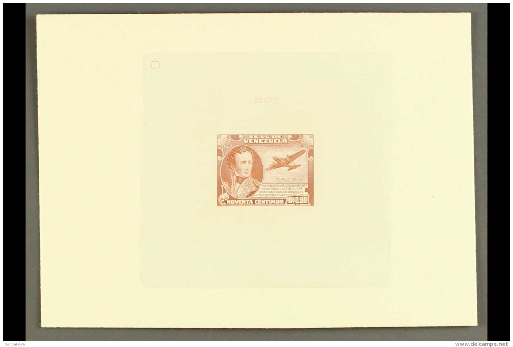 1945 Sunken Die Proof For The 90c Antonio Jose De Sucre Air, As Sc C212, Printed In Pale Reddish Brown On Card,... - Venezuela