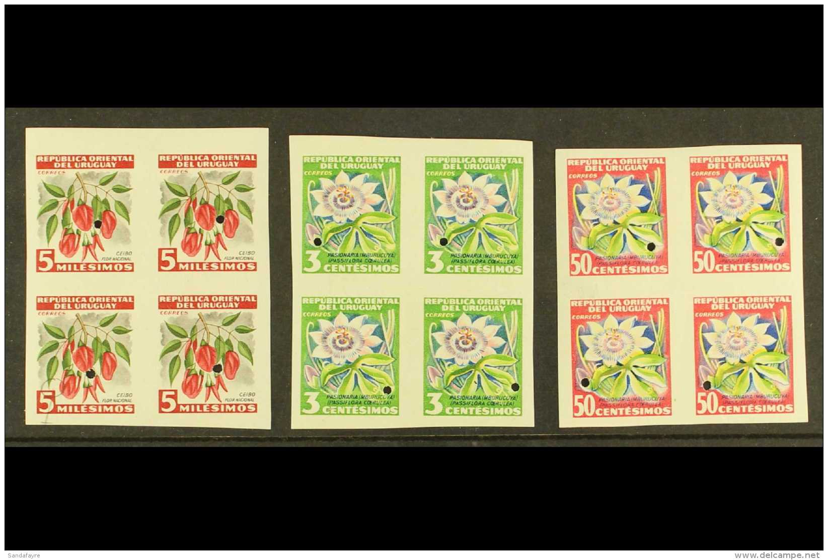 WATERLOW IMPERF PROOFS 1954 Flowers Definitives With 5m Ceibo (National Flower), SG 1028, 3c Passion Flower, SG... - Uruguay