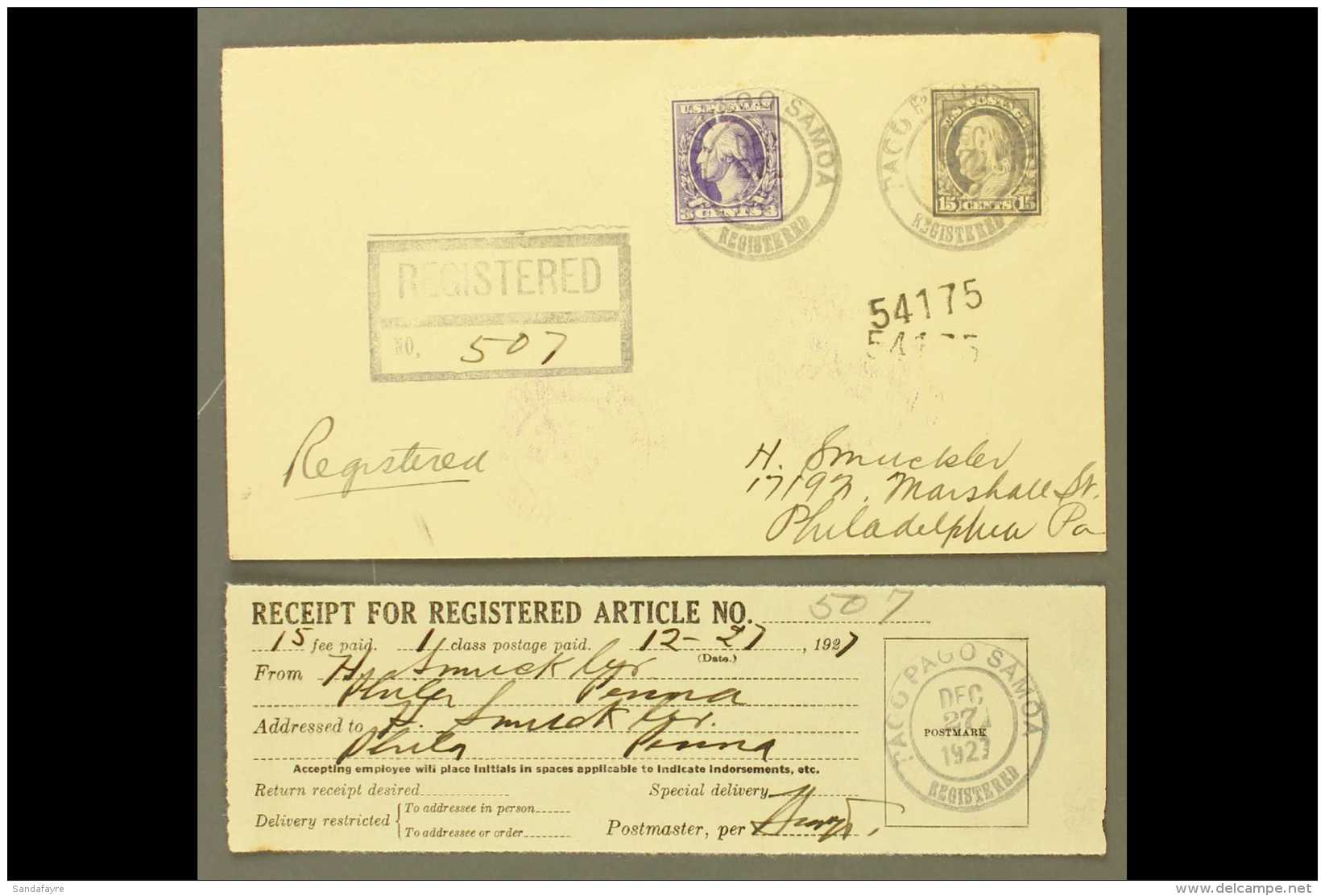 AMERICAN SAMOA 1927 (Dec 27) Registered Cover Franked With 3c Washington &amp; 15c Franklin, Postmarked Pago Pago,... - Autres & Non Classés